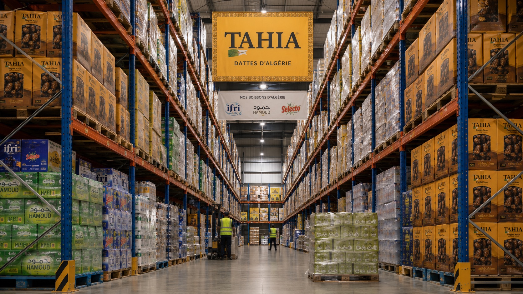 Entrepôt professionnel TAHIA avec palettes de dattes et boissons algériennes