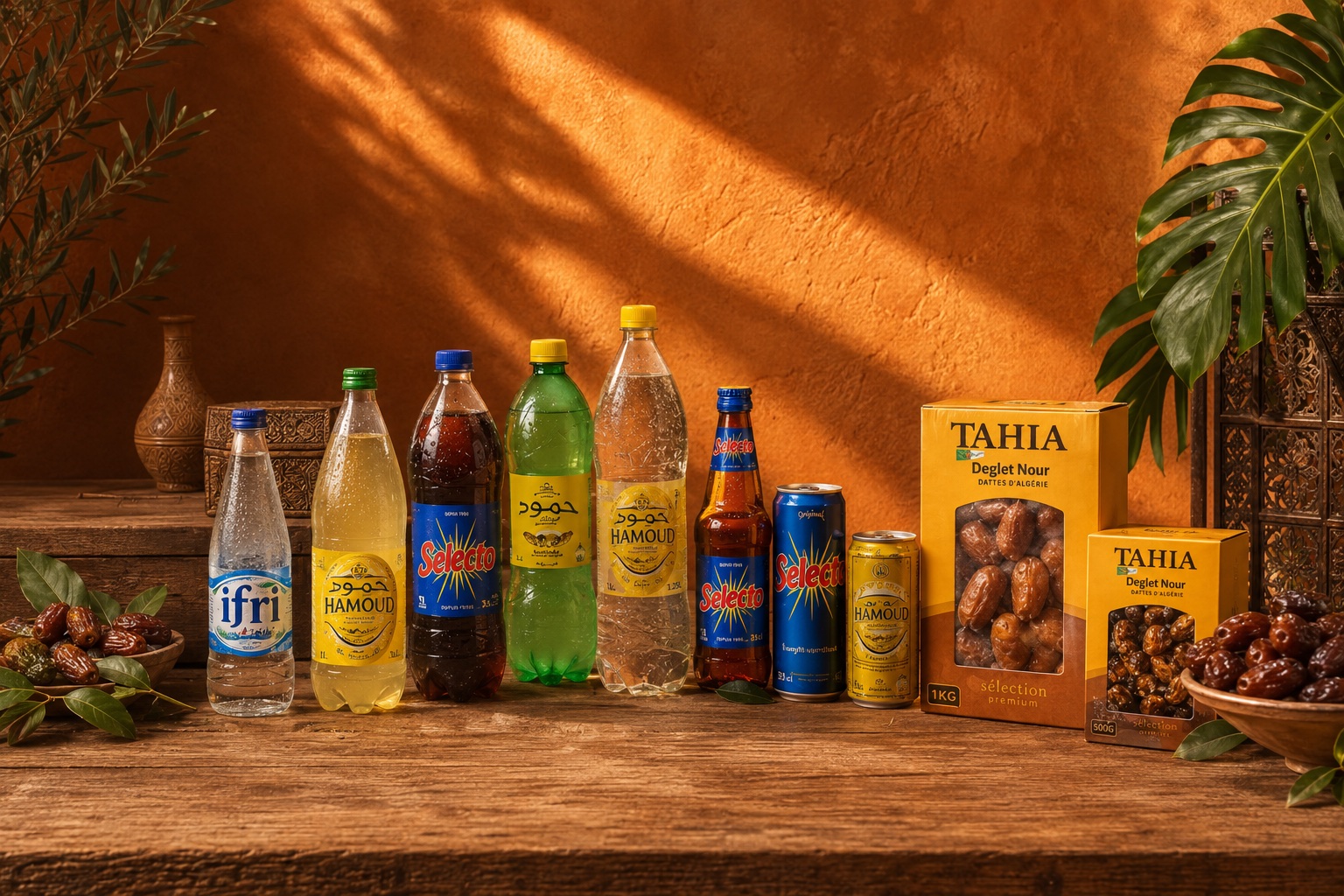 Gamme TAHIA, Hamoud, Selecto et Ifri présentée dans un décor orange