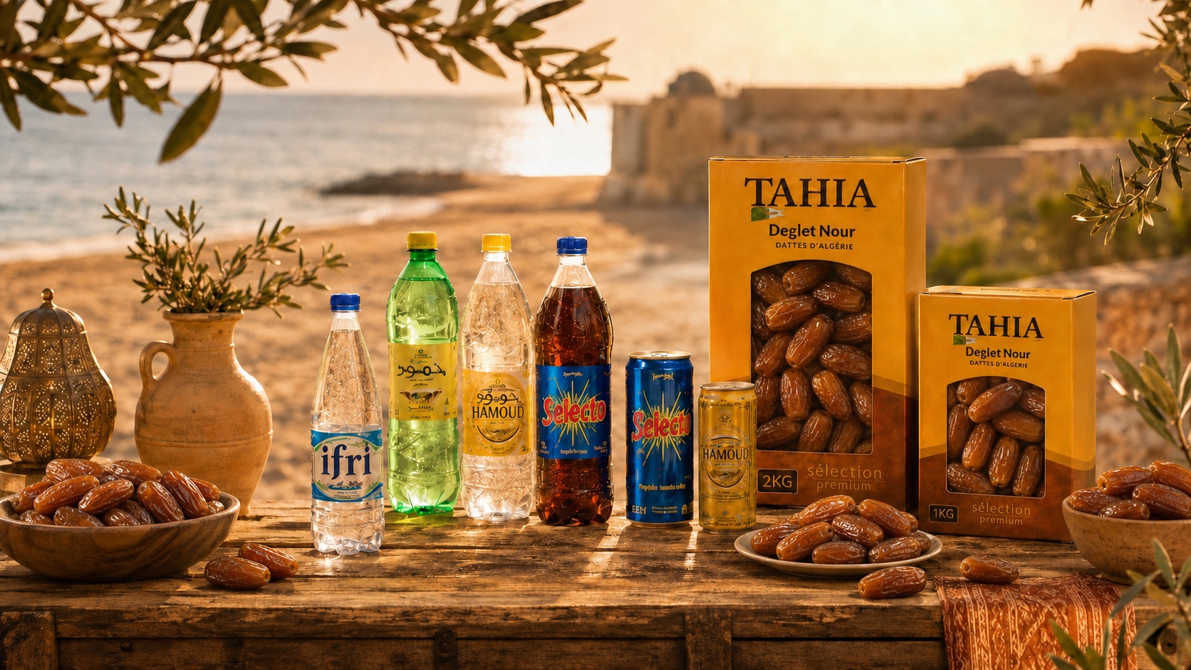 Assortiment TAHIA avec dattes Deglet Nour premium et boissons algériennes au bord de la Méditerranée